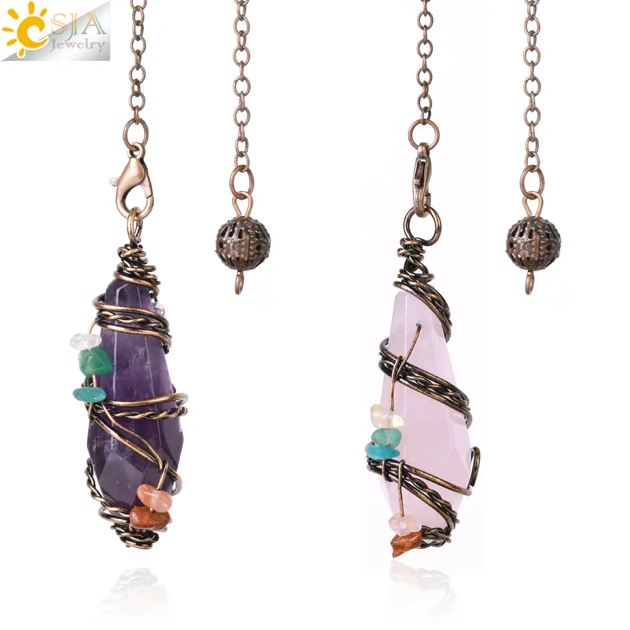 CSJA High Quality Handmade Wire Wrap Natural Stone Pendant Amethyst Reiki Dowsing Pendulum Crystal Pendulos H027