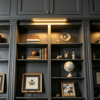 Meuble de rangement en contreplaqué moderne sur mesure avec dosseret, tiroirs coulissants et bande LED intégrée sous évier - Noir