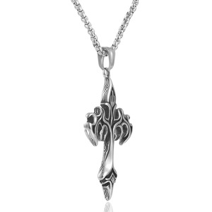 Collier pendentif croix en acier inoxydable, design flamme argentée, bijoux de mode pour homme, chaîne 3.0*60cm, style géométrique - Product Image 5
