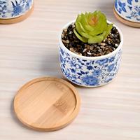 Pot Tanaman Sukulen/Kaktus Keramik Porselen Biru Putih Timur Tengah Desain Khusus Ukuran Khusus dengan Nampan Bambu