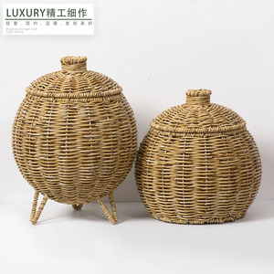 Hand Woven Rattan Basket Oval With Lid <b>Standing</b> Type Storage For Plant <b>Desktop</b> Use - Product Image 2