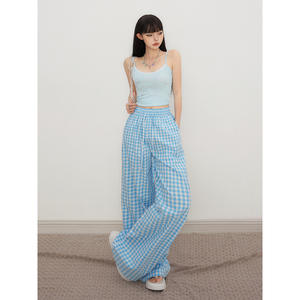 Retro Women's Pants High Waist Loose Blue Plaid <b>Summer</b> Wide Leg Versatile Elastic Waist Drawstring Casual <b>Trousers</b> Thin - Product Image 6