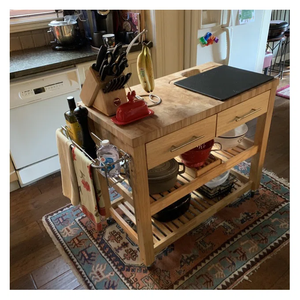 Chariot de cuisine moderne à roulettes avec plan de travail en bois à grain bout, îlot de cuisine mobile portable avec rangement pour la maison - Product Image 5