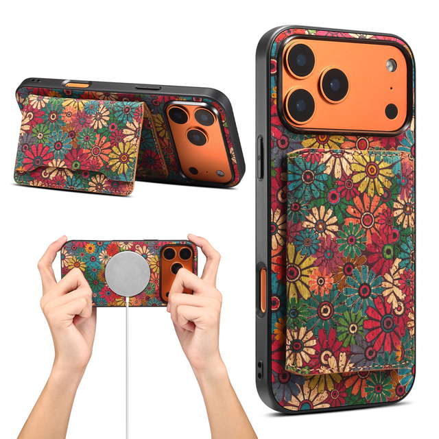 Denior Floral Printed Cork Magnetic Charging Wallet Function Card Holder Phone Case Compatible for Apple 17/16/15/14/13/12Series