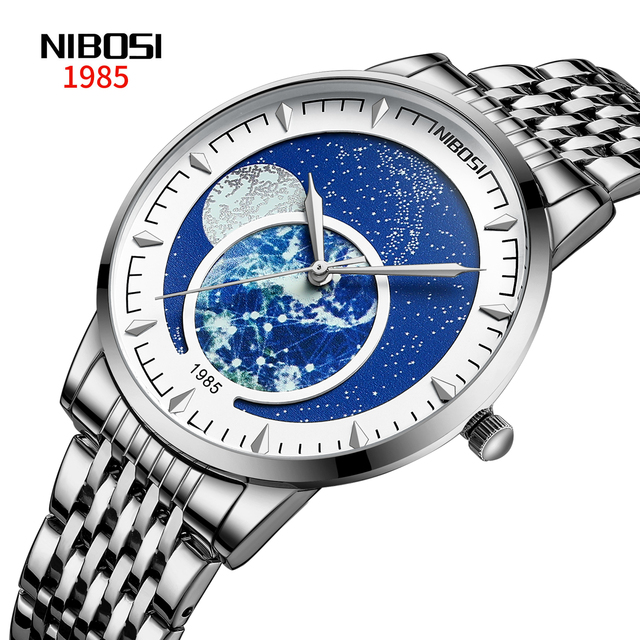 50pcs Custom Logo NIBOSI 2539 China Supplier Galaxy Blue Sky Earth Dial Men's Quartz Watch 3 ATM Water Resistant Male Watch