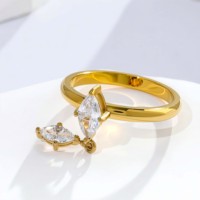 Anillo de Acero Inoxidable con Baño de Oro de 18K, Diseño 3D de Lágrima con Circonita, Borla Bicolor, Modelo Yuanheng, Unisex, para Uso Diario