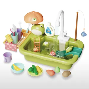 키즈 전기 식기 세척기 놀이 세트 장난감 퍼즐 개구리 귀여운 주방 식기 세척기 싱크대 장난감