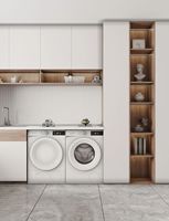 Armoire à linge moderne minimaliste en bois massif, machine à laver, sèche-linge, haute durabilité, sur mesure