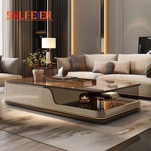 Table basse carrée moderne, luxe léger, couleur thé, fusion de verre et de pierre, plateau en pierre, mobilier de salon simple - Product Image 1