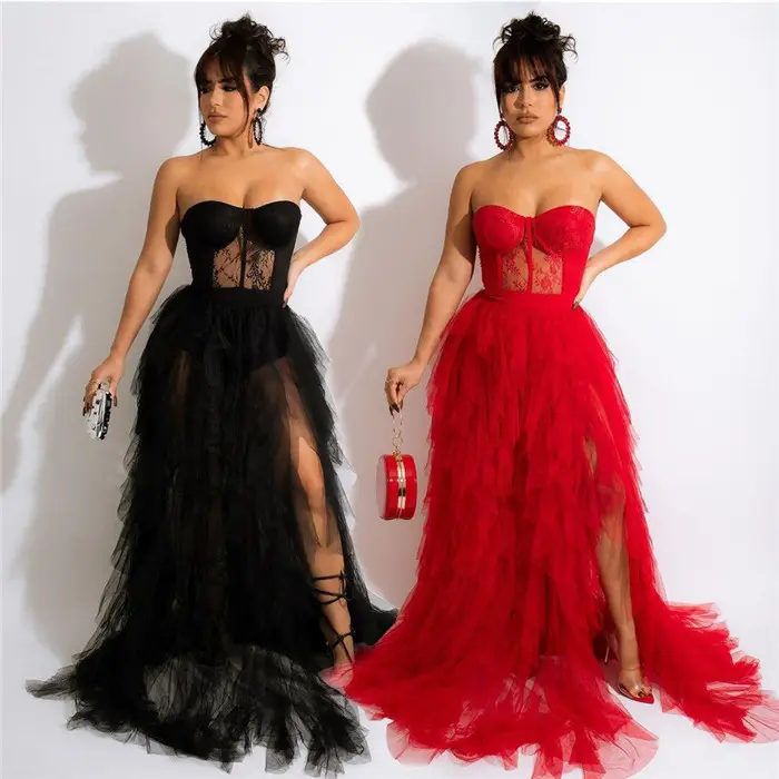 W2277-women high fashion strapless mesh dinner dress party lady evening prom dresses