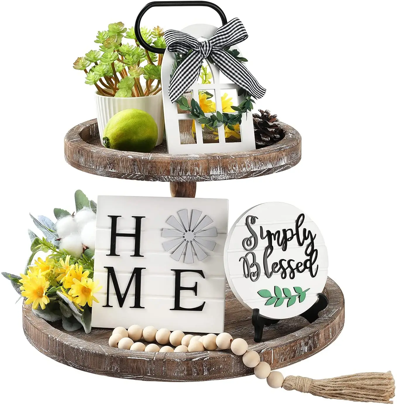 Two Tiered Tray Rustic Wooden Serving Tray Enhances Spring Home Decoration