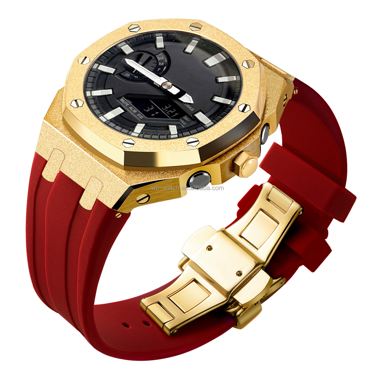 Boîtier Or Givré + Bracelet en Silicone Rouge