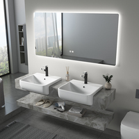 Meuble-lavabo mural moderne en marbre avec double vasque, double niveau et miroir intelligent rétroéclairé par LED – Offre spéciale