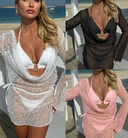 Neuer Lagerbestand: 3 Farben, großer Ring, glänzender dreiteiliger Badeanzug, sexy Damen-Bikini-Set mit langärmeligen Mesh-Strandüberzügen