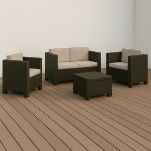 Set di Mobili da Giardino Contemporanei in Plastica Riciclata Diva Comfort, Divano Ecologico da Esterno con Tavolo e 4 Poltrone - Product Image 1