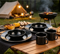 Ensemble de vaisselle en émail pour le camping en plein air - 6 pièces, assiettes, bols et tasses légers et non toxiques pour le barbecue et le pique-nique avec logo personnalisé
