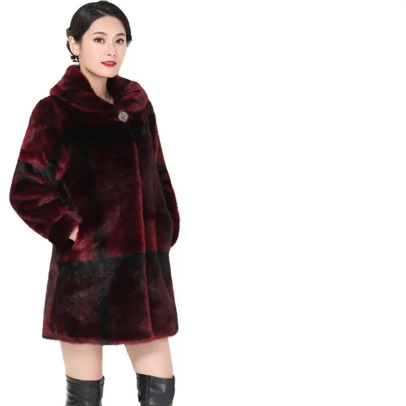 Medium Length Red Coffee Color Winter Fur Coat Women Long Sleeve Europe Trend Clothing Elegant Fluffy Sheared Mink Fur Overcoat