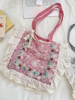 Bolso Tote Vintage de Lona con Bordado Floral a Cuadros, con Volantes y Encaje, de Gran Capacidad, para Niñas, para la Escuela, Viajes y Uso Diario