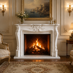 Chimenea tradicional de mármol con tallado ornamentado, de mármol blanco, para interiores, con estufa de leña para comedor. - Product Image 1