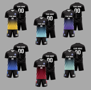 أطقم ملابس رياضية لكرة القدم برقبة على شكل V قابلة للتخصيص بالاسم والرقم والشعار من بوليستر 100%، مطبوعة بتقنية النقل الحراري، مسامية وسريعة الجفاف، خدمة OEM - Product Image 1