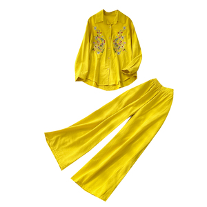 Conjunto de 2 Piezas para Mujer, Camisa de Manga Larga con Cuello y Bordado Floral, Pantalones Anchos con Cintura Elástica, Estilo Casual para Primavera, Otoño y Vacaciones - Product Image 5