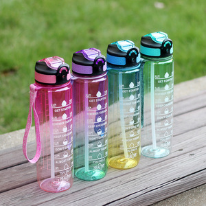 Bouteille d'eau de sport dégradée colorée de grande capacité avec poignée de couvercle à rabat Équipement de fitness en plastique transparent pour le camping - Product Image 3