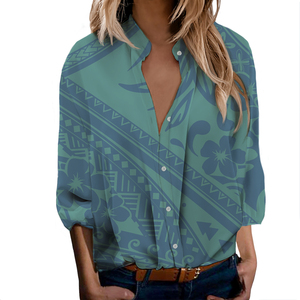 T-shirts décontractés à manches courtes et col en V avec imprimé tribal polynésien Tapa samoan, hauts élégants, chemise à boutons pour femmes - Product Image 1