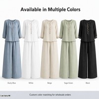 Ensemble deux pièces d'été en coton et lin pour femme, chemisier brodé floral et pantalon palazzo taille haute à jambes larges, tenue décontractée