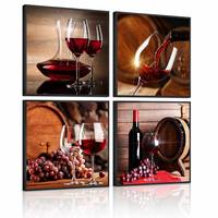 Lot de 4 tableaux encadrés sur toile, thème vin rouge, cadre noir, décoration rustique pour cave, décanteur, baril de raisin, restaurant