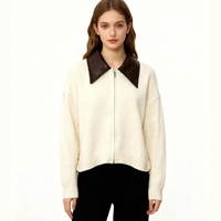 Cardigan en tricot respirant pour femme E&L OEM, style vintage, automne, manches longues, couleur unie, col rabattu, col en fourrure, fermeture éclair