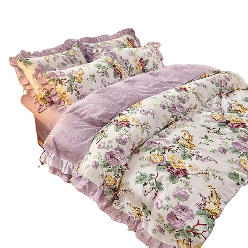 Peony conjunto de cama floral com babados, conjunto de lençol, cobertura de edredon para meninas, algodão, escovado, chique, flor, macio