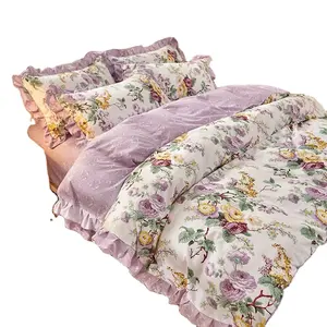 Peony Floral Ruffles Girls Duvet Cover Set Cotton Brushed Shabby Chic Blossom Soft Bedding Set Fitted Sheet Pillowcase