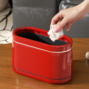 Mini Desktop Trash Can Oval Red Space Saving Indoor Waste Bin For Home Office Bedroom - Product Image 2