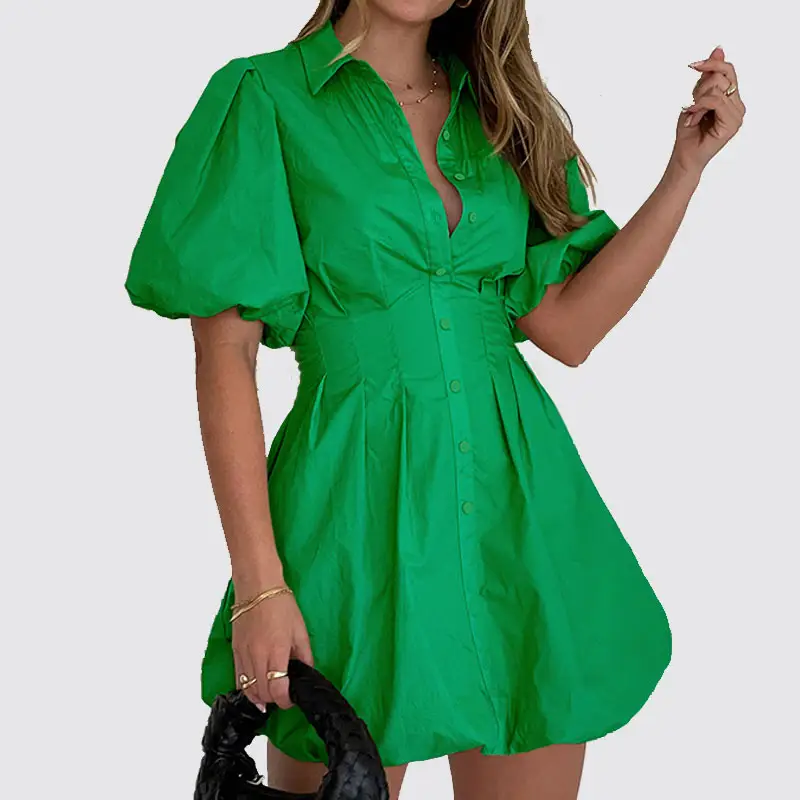 OEM Ladies Turndown Collar Puff Sleeve Casual Short Custom Oversize Blank T Shirt Dress Women Summer Dresses