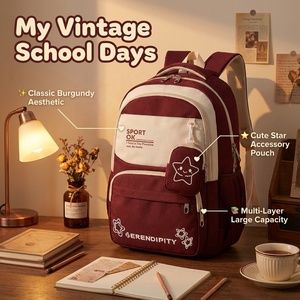 Sac à dos tendance Kawaii rose beige à blocs de couleur, multi-poches, grande capacité, en nylon, pour étudiants, campus, école, voyage, filles - Product Image 1