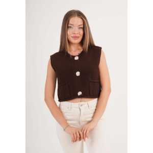 Gilet en tricot café pour femme Mossk avec boutons dorés et double poche, vêtement d'extérieur - Product Image 4