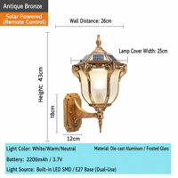 Applique murale solaire LED en alliage d'aluminium IP65, étanche pour extérieur, villa, portail, balcon, pilier, couloir, style européen rétro