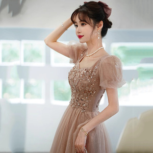 Evening Gown Square Collar A-Line Chiffon Vintage Empire Waist Khaki Polyester Formal Wear - Product Image 3