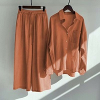 Ensemble décontracté pour femme en coton et lin, chemise à manches longues avec poches, boutonnage simple + pantalon large à cordon de serrage, style vintage