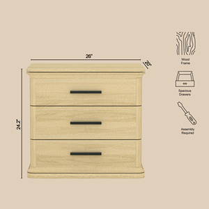 Nightstand In Natural Oak Wood With Three <b>Drawers</b> <b>For</b> Bedroom <b>Storage</b> - Product Image 4