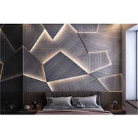 Panneau mural 3D de luxe incrusté de LED Art Design géométrique Fond de placage de bois pour lits améliore l'ambiance de la chambre à coucher