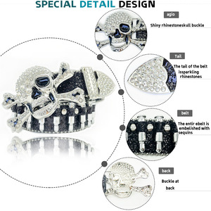 Wholesale Fashion <strong>Cool</strong> Design Rhinestone Inlaid Skull Buckle With Blingbling Glitter Strap Silver Bullet Cowboy Unisex <strong>Belt</strong> - Product Image 5