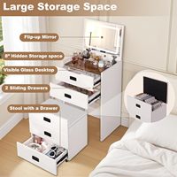 Petite coiffeuse moderne intégrée 3 en 1 en bois avec miroir rabattable éclairé, plateau en verre et rangement caché