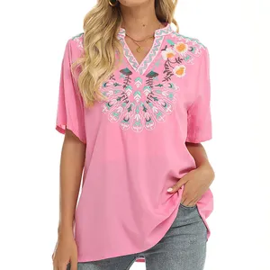 OEM wholesale women summer notch neck rayon top floral embroidered comfort loose fit top STB9094A