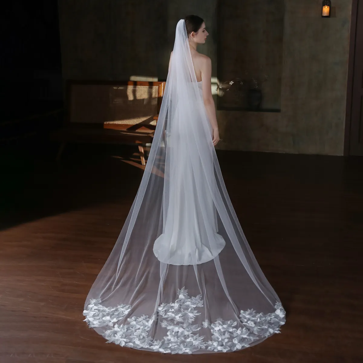 V859 Luxurious Lace Appliqued Wedding Bridal Veil One-Layer Plain Tulle Long Chapel Brides Veil Women Marriage Accessories
