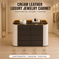 Armoire à bijoux en cuir crème, directement de l'usine, avec dessus en verre trempé fumé, éclairage LED et rangement écologique