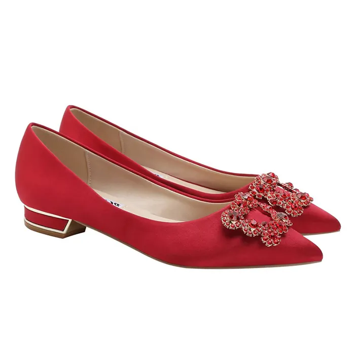 Delicate Custom Women's Shoe Satin Red Color Pearl Buckle with Metal Low Heel Casual Dress Shoes
