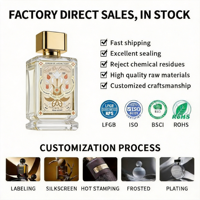 Vente directe d'usine, flacon de parfum en verre de 50 ml (1,7 oz), étiquette en feuille d'or vintage, bouchon carré doré, boîte d'emballage noire, vente en gros