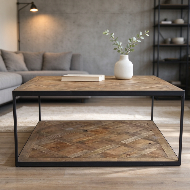 SG502 Rustic Minimalist Industrial Style Large Parquet Square Iron Frame Reclaimed Solid Wood Coffee Table with Storage Shelf