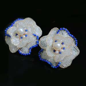 14K Gold Filled Floral <b>Stud</b> Earrings, Italian Metal Lace Handmade Earrings With Natural Freshwater Pearl & Lapis Lazuli - Product Image 3
